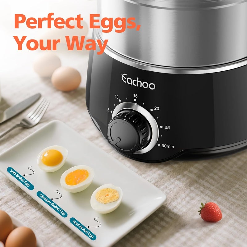 CACHOO Hard Boiled Egg Cooker - 14-Egg Rapid Stainless Steel Egg Boiler with 30-Min Timer & Auto Shut Off, Compact Electric Vegetable Steamer for Cooking, Dishwasher Safe, Black - Image 5